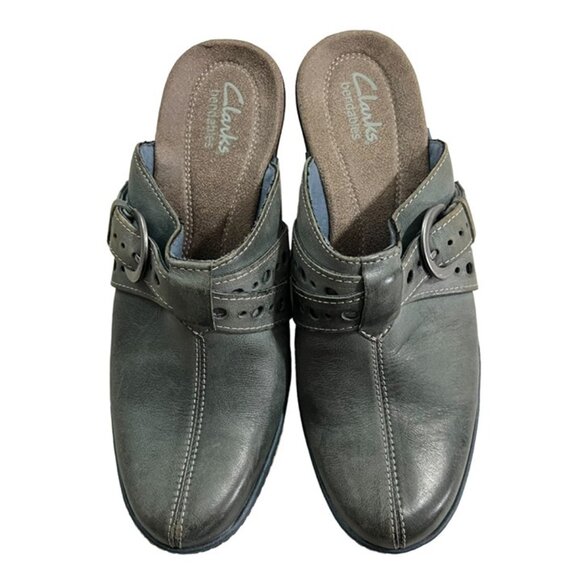 Clarks women's shoes 7 blue leather slip on 2.5" block heel round toe - Picture 2 of 9